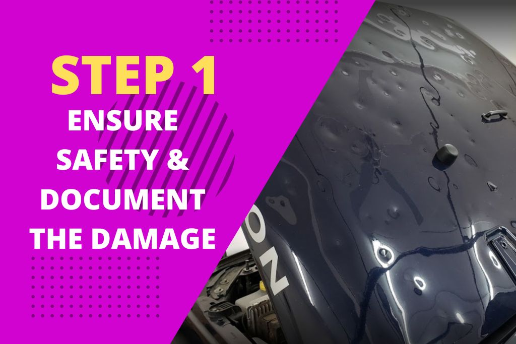 Split-screen image showing a hail-damaged vehicle hood on the right and bold text on a bright pink background reading “Step 1: Ensure Safety & Document the Damage.