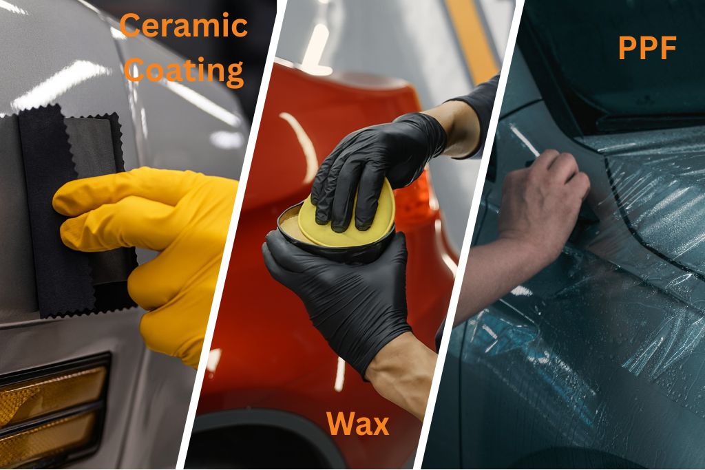 Side-by-side comparison of three car paint protection methods: ceramic coating being applied with a cloth, wax being buffed on with an applicator, and PPF (paint protection film) being installed on a car hood. Highlights the visual and functional differences to help answer what is ceramic coating.
