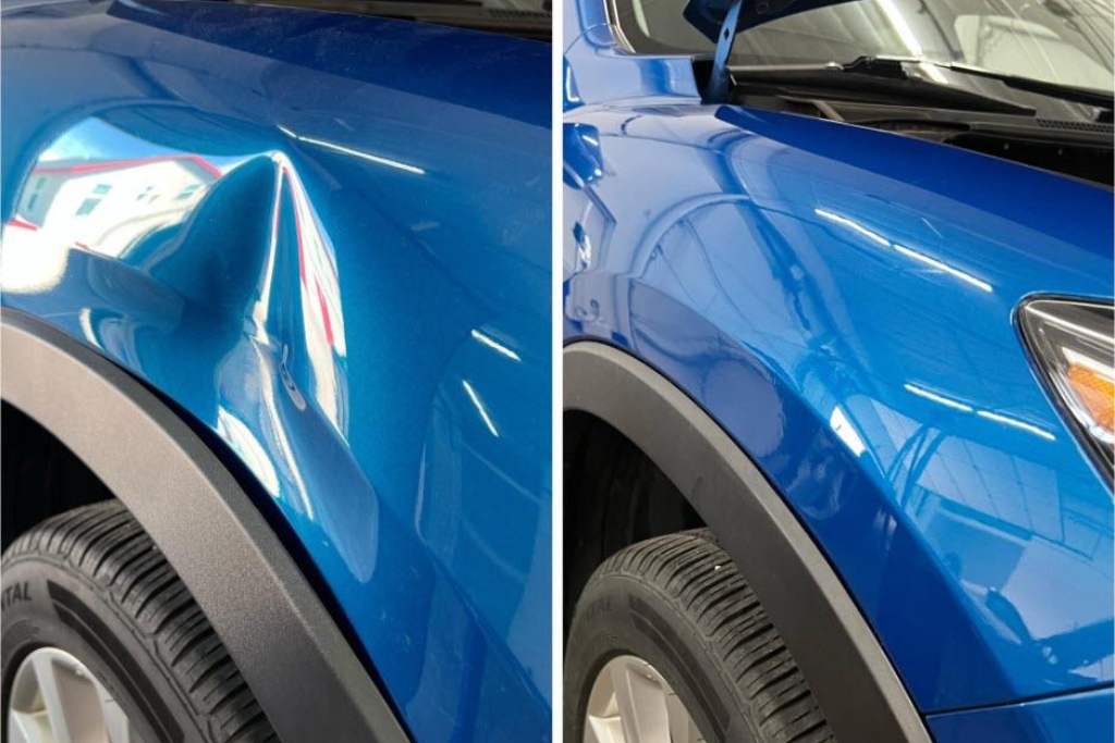 Side-by-side comparison of a blue vehicle's fender showing a large dent before paintless dent repair and a flawless panel after, highlighting the benefits of paintless dent repair such as paint preservation and seamless restoration.