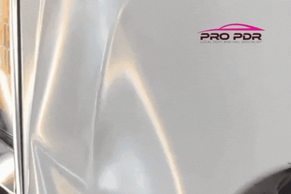 Time-lapse of a dent being removed from a silver vehicle panel using paintless dent repair, with the Pro PDR logo displayed, illustrating the skill and precision required when choosing the right PDR technician in Colorado Springs.