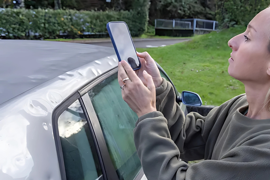 Hail Damage Repair Process includes insurance claim assistance, as shown by a woman in Colorado Springs photographing multiple dents along her car’s roofline with her smartphone. The image emphasizes the importance of documenting hail damage thoroughly for insurance purposes.