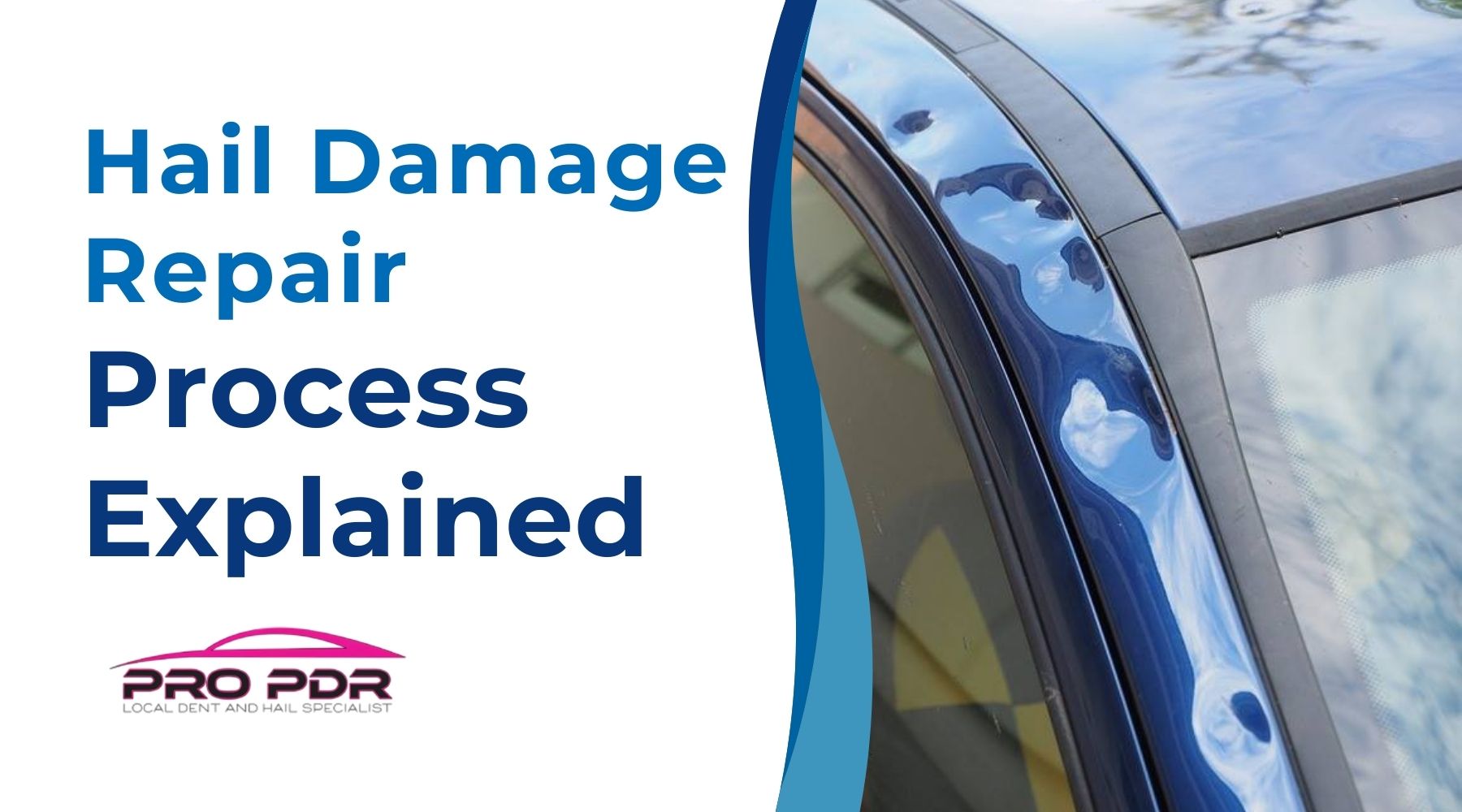 Hail Damage Repair Process highlighted with large bold text beside a close-up of a blue car’s roof rail covered in hail dents. The image represents the kind of vehicle damage common after storms in Colorado Springs, emphasizing the need for expert repair.