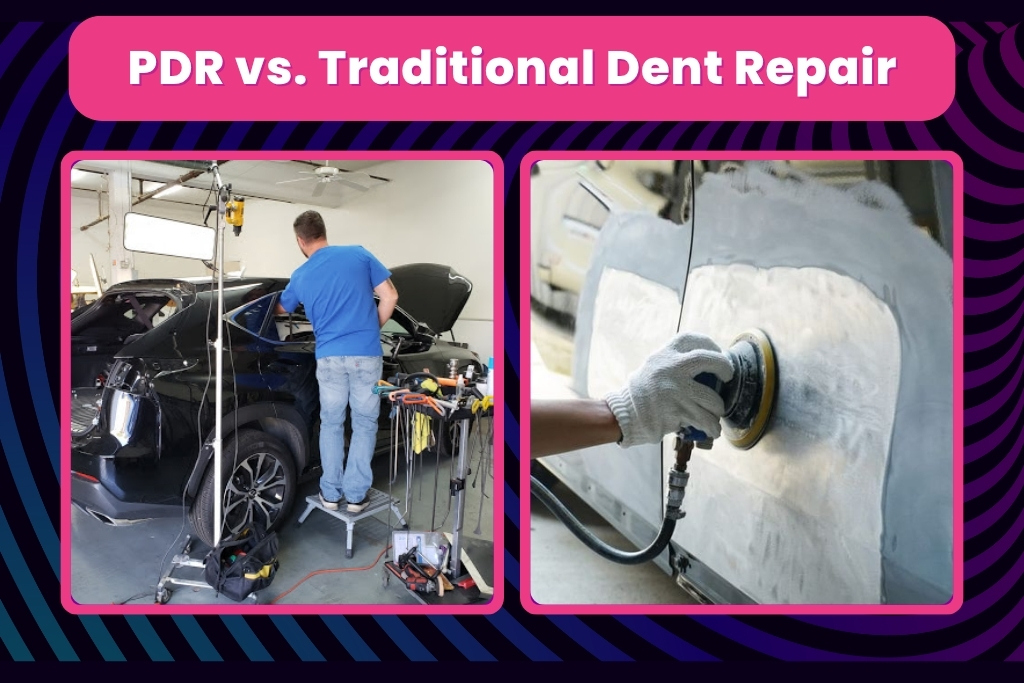 Side-by-side comparison of Paintless Dent Repair and Traditional Dent Repair techniques in a Colorado Springs auto shop, with a technician using PDR tools on a black SUV and another sanding filler on a primed car door panel.