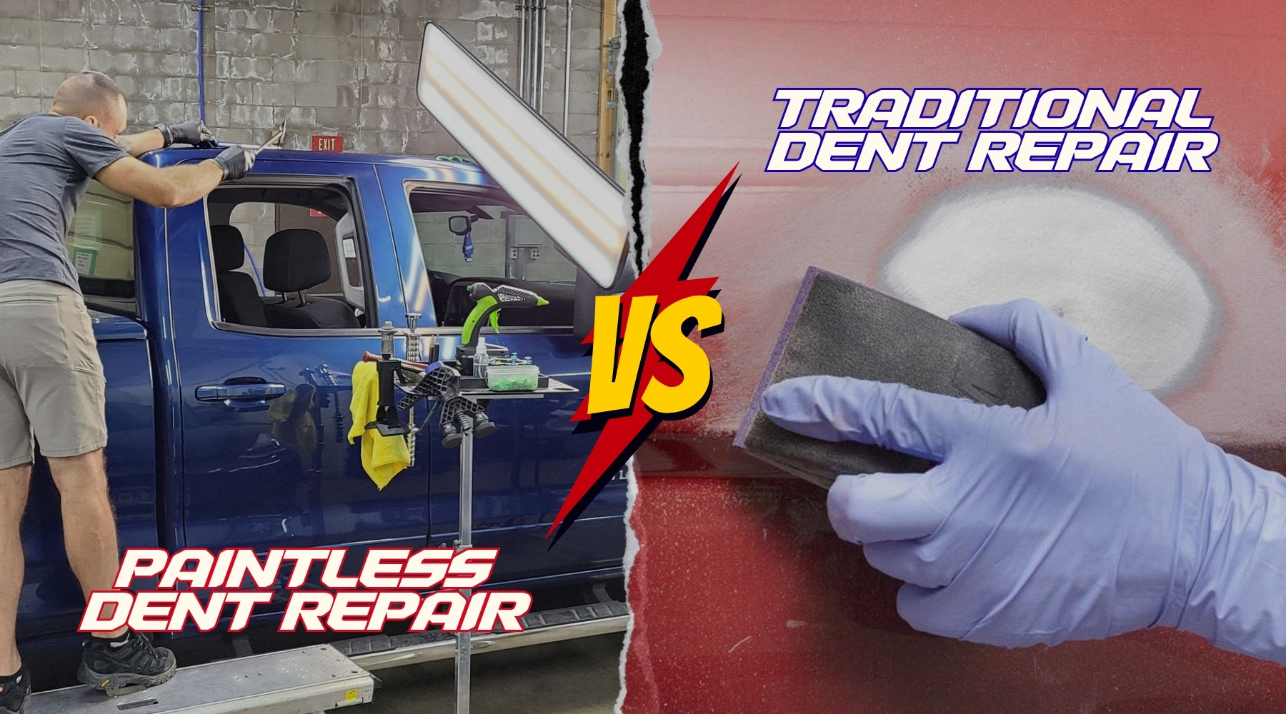 Split-image showing Paintless Dent Repair vs. Traditional Dent Repair techniques in a Colorado Springs auto shop, with a technician working on a blue truck and a gloved hand sanding a red vehicle panel.