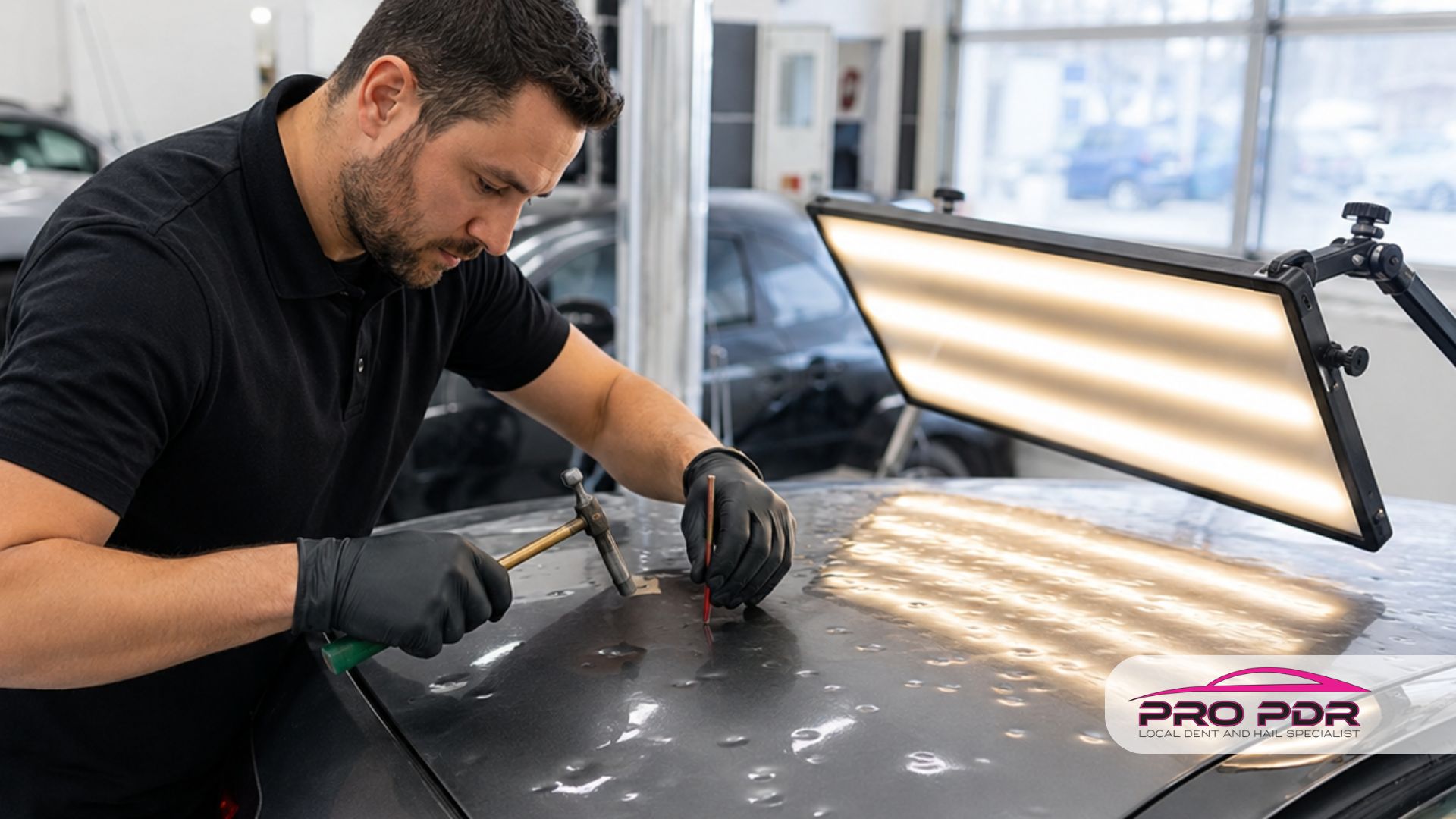 A technician uses specialized tools and a reflection light to perform hail damage repair on a dented gray car hood. The text "PRO PDR LOCAL DENT AND HAIL SPECIALIST" appears in the bottom right corner.