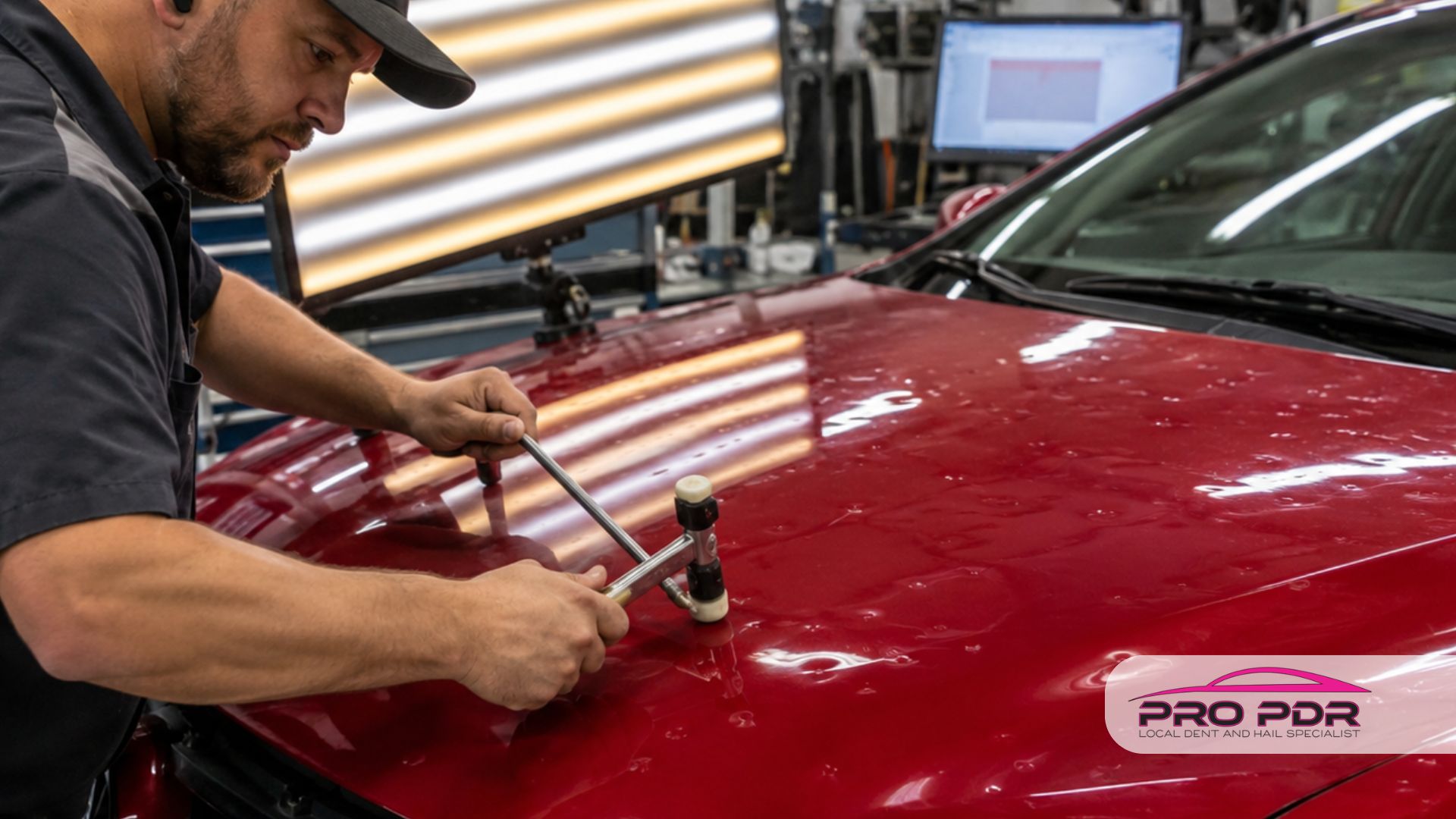 A technician uses paintless dent repair tools on the hood of a red vehicle covered in dents from hail damage.